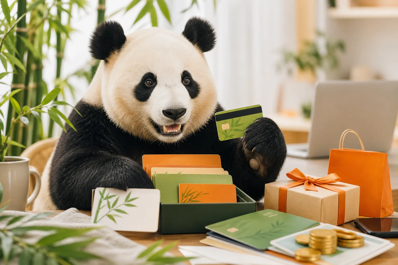 Panda holding reward cards