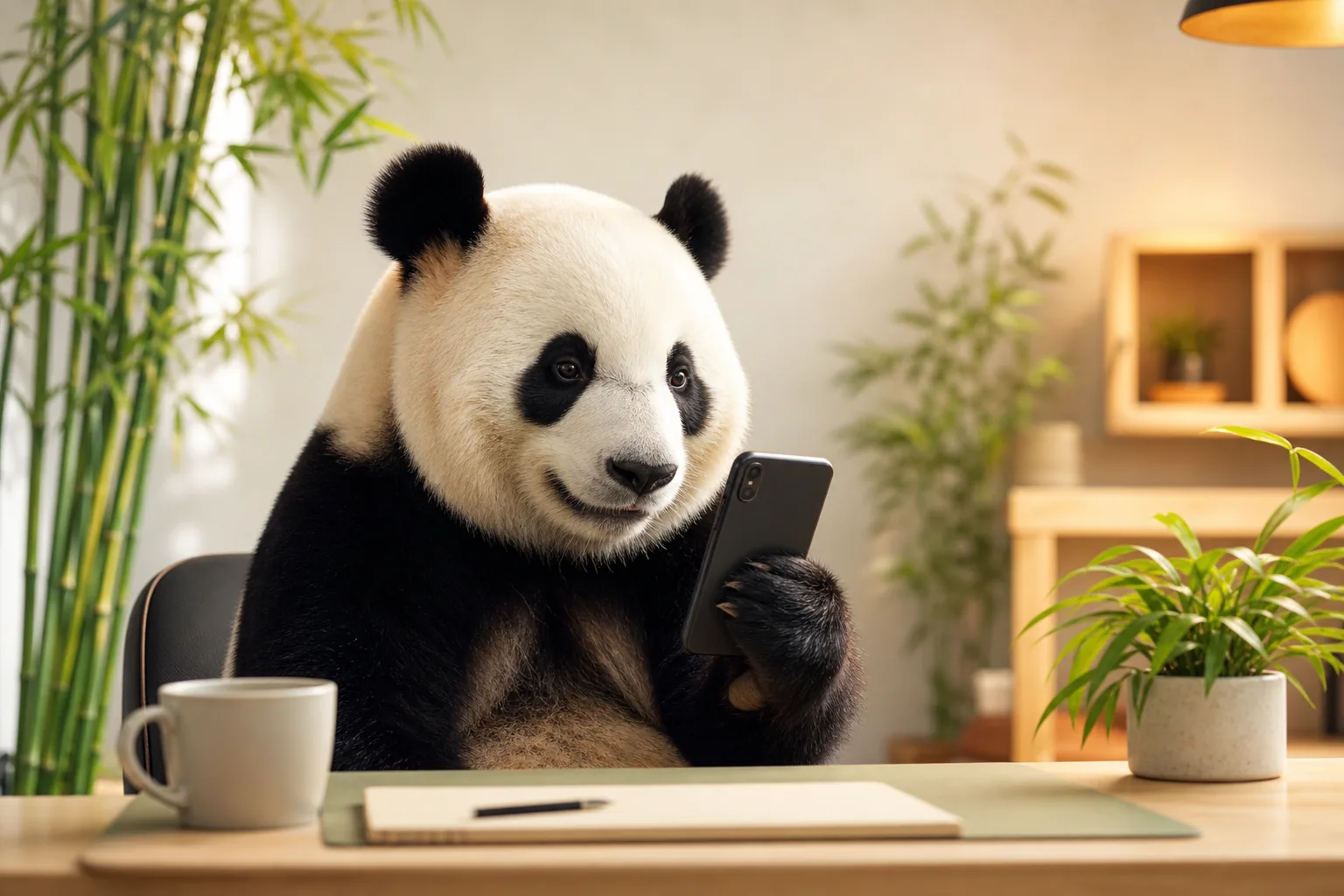 Panda using a phone for online surveys
